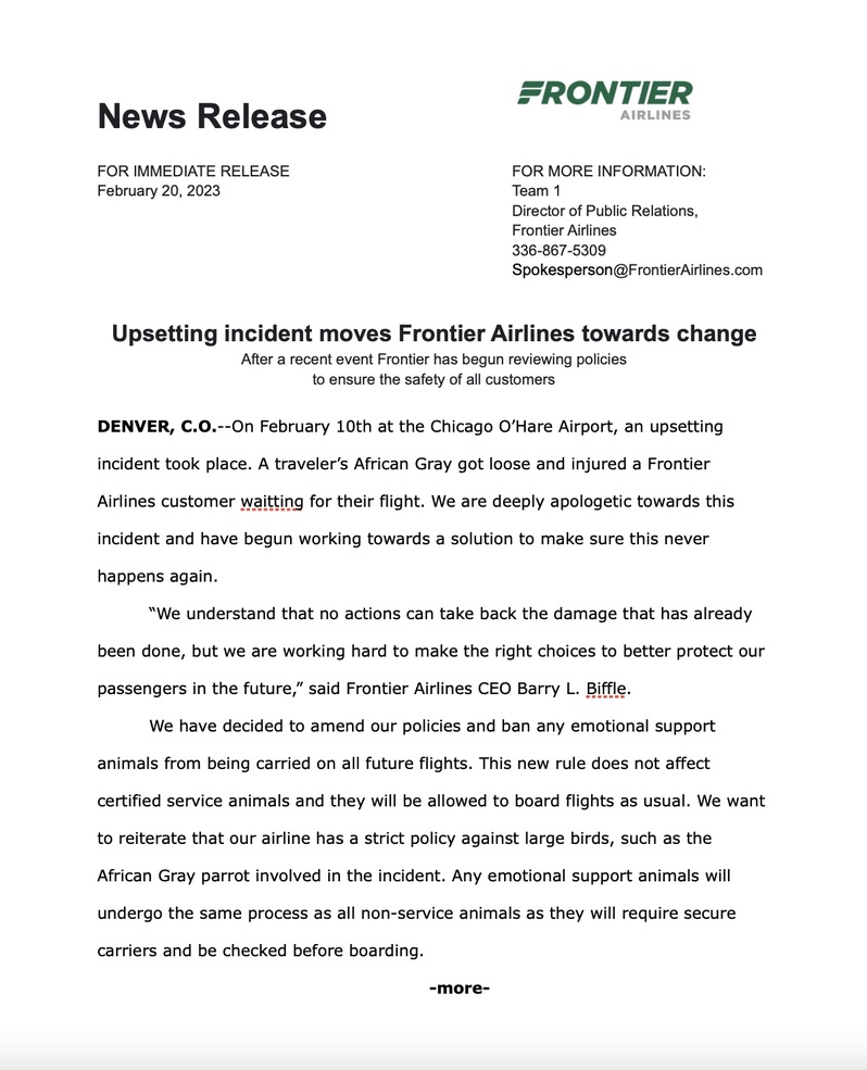 PR Writing, Frontier Airlines News Release