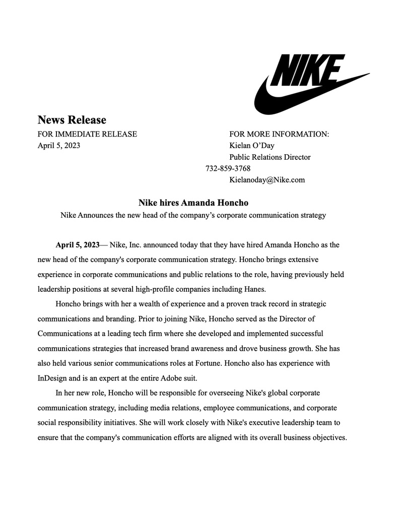PR Writing, Nike Corporate News Release